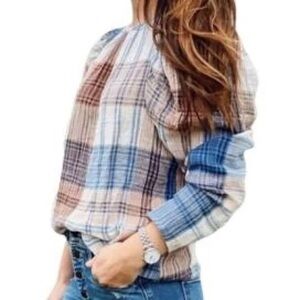 Universal Thread Brown and Blue Plaid Puff Sleeve Long Sleeve Top sz M Gauzy